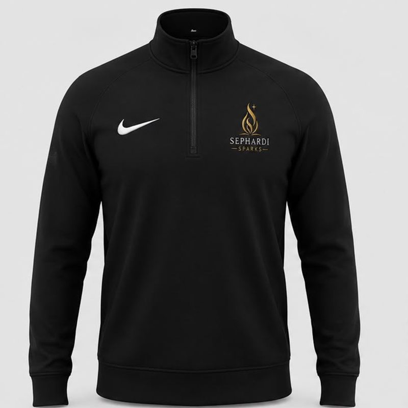 The black Founders Edition quarter-zip, with the gold Sephardi Sparks flame mark on the chest.